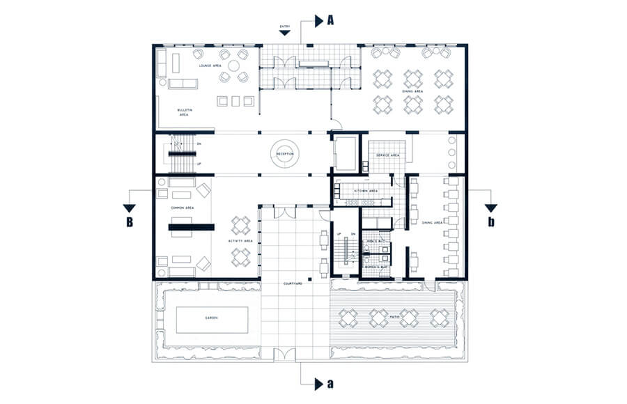 Ground floor plan — community areas along Queen Street, support services behind