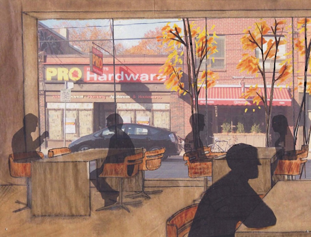 Café rendering — community gathering space looking out to Queen Street through autumn trees