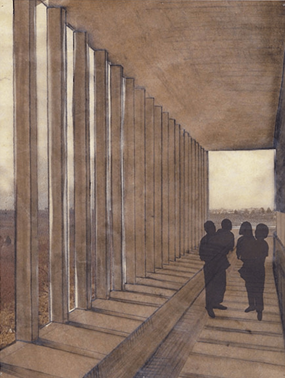 Rooftop corridor rendering — colonnade with silhouettes walking toward light