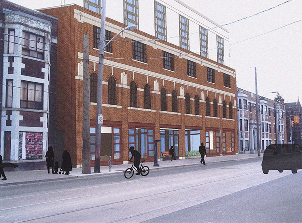 Streetscape rendering — building facade on Queen Street West with pedestrians and cyclist