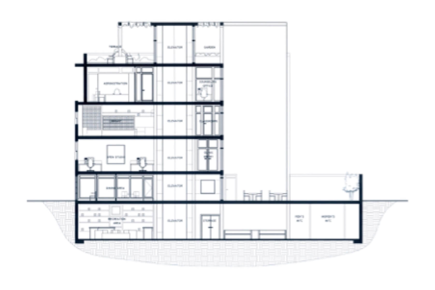 Section Aa — building layers from basement to rooftop garden
